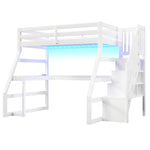 Wooden Loft Bed 90x200 with Desk, LED, USB & Storage Stairs, White