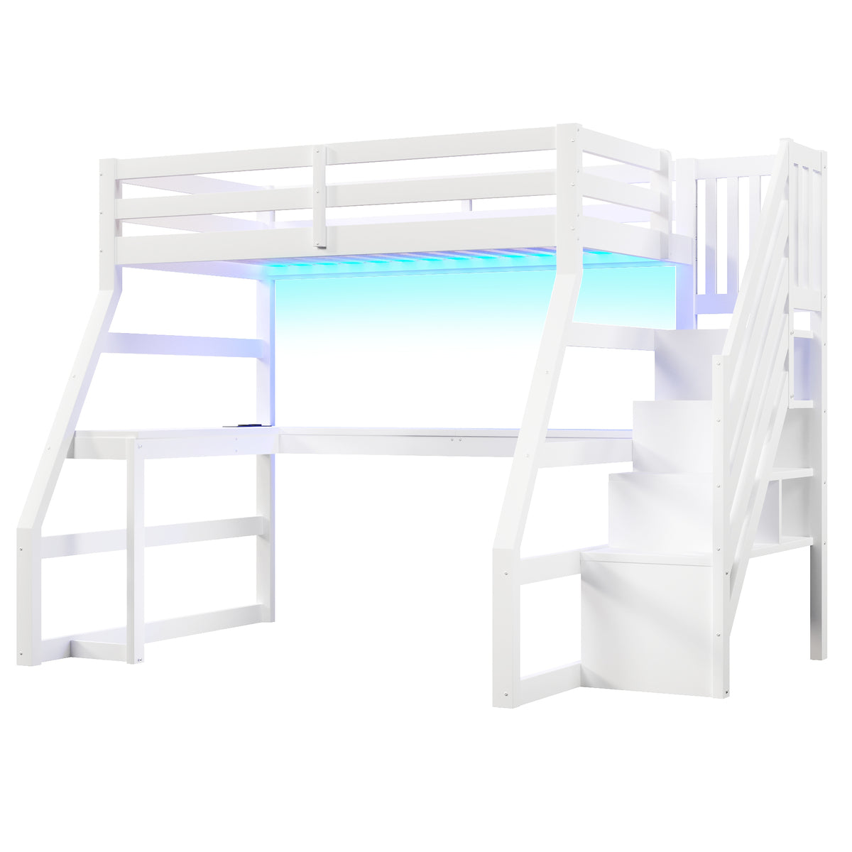 Wooden Loft Bed 90x200 with Desk, LED, USB & Storage Stairs, White