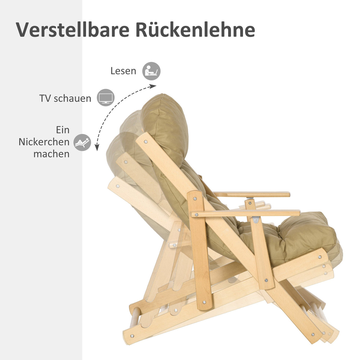 Reclining Armchair, Folding Upholstered Lounge Chair, Beech Wood, Brown