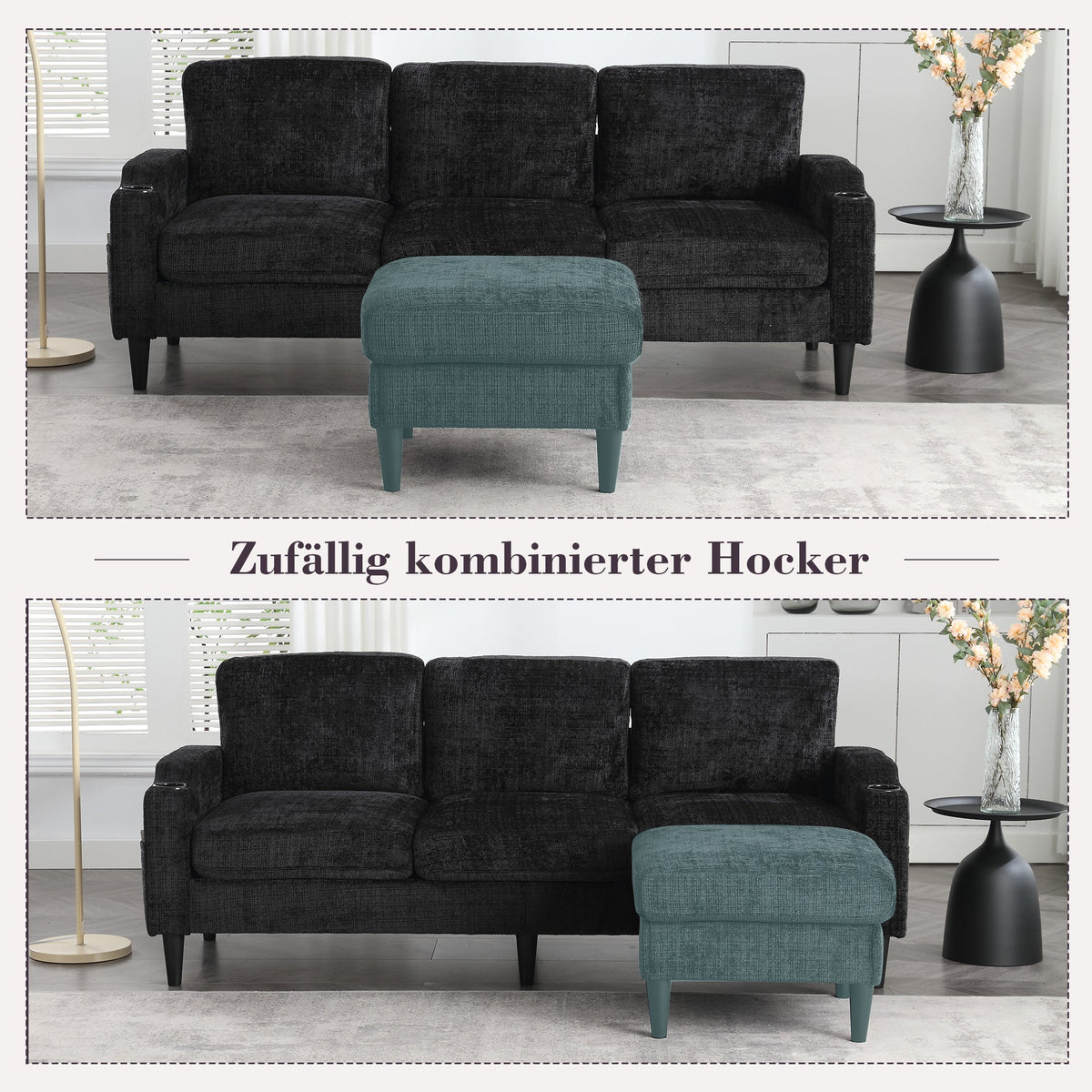 Sofa with Footstool & Storage, 4-Seater with Cup Holder, Velvet