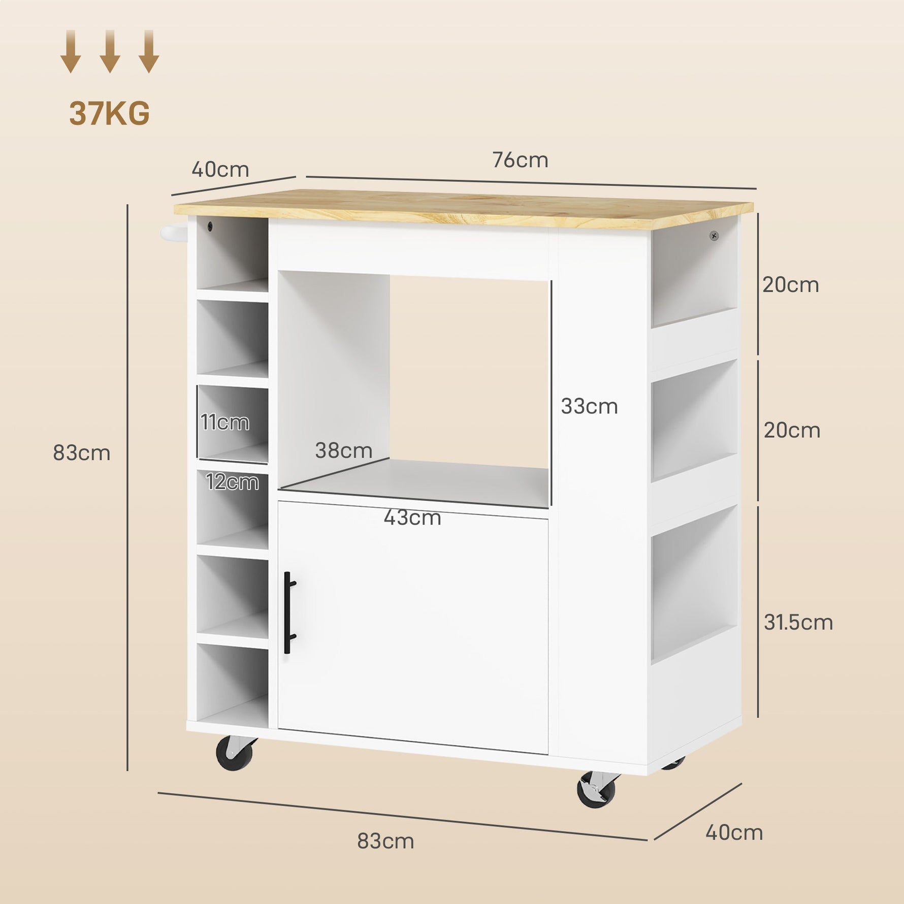 Kitchen Trolley with Worktop, Shelves, Wine Racks, Soft-Close Hinges, Oak