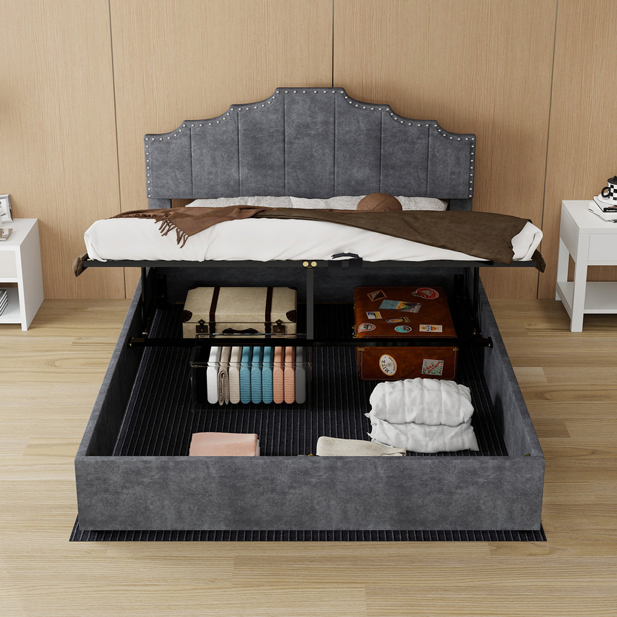 Modern Soft Bed with Mattress 140x200cm, Pneumatic Storage, Grey