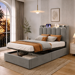 Upholstered Bed 90x200cm with Storage & USB, Grey Velvet