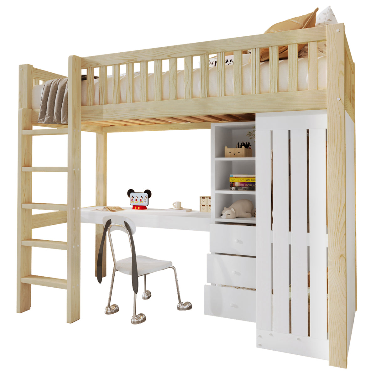 Loft Bed 90x200cm with Desk, Wardrobe & Drawers, Natural