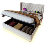 Upholstered Double Bed, Hydraulic Storage, LED, USB-C, Beige Cotton