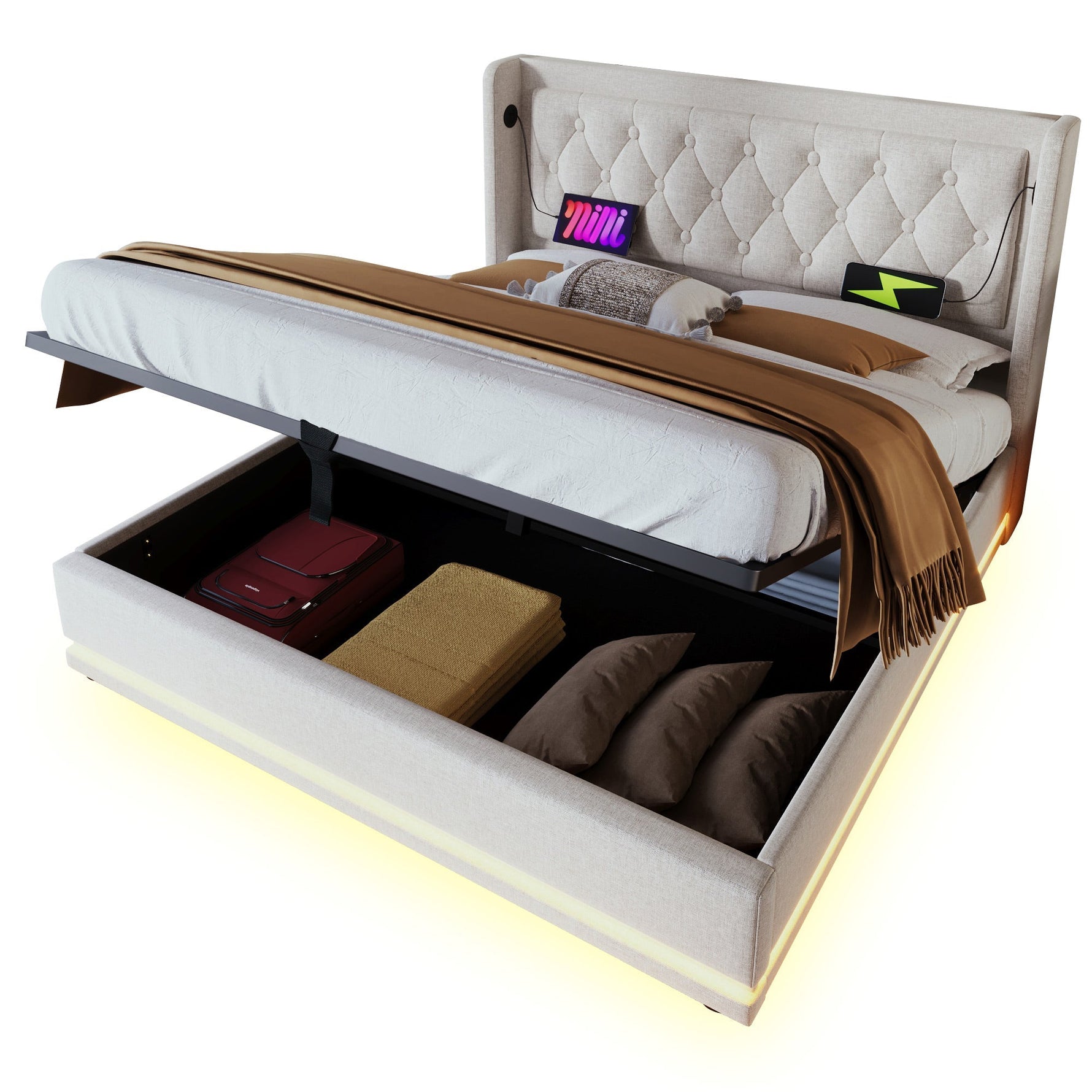 Upholstered Double Bed, Hydraulic Storage, LED, USB-C, Beige Cotton