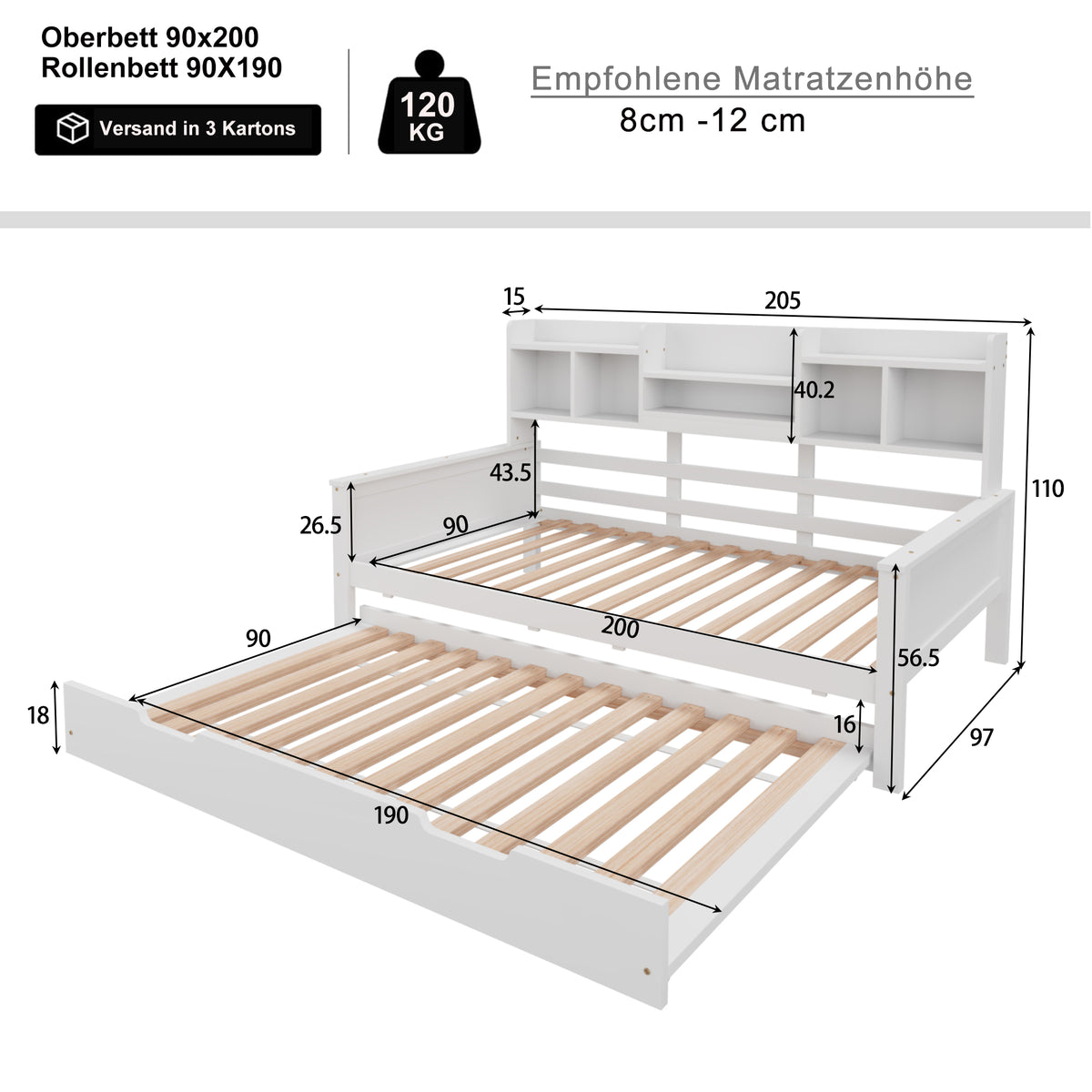 Extendable Sofa Bed 90x200cm with Pull-Out Bed & Storage, White Wood
