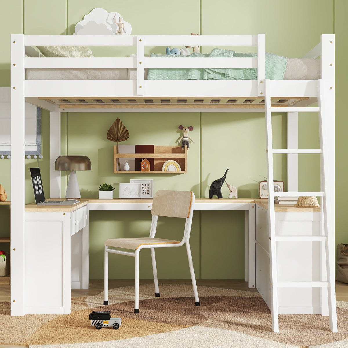 Loft Bed with U-Shaped Desk & Drawers 140x200cm - White & Natural