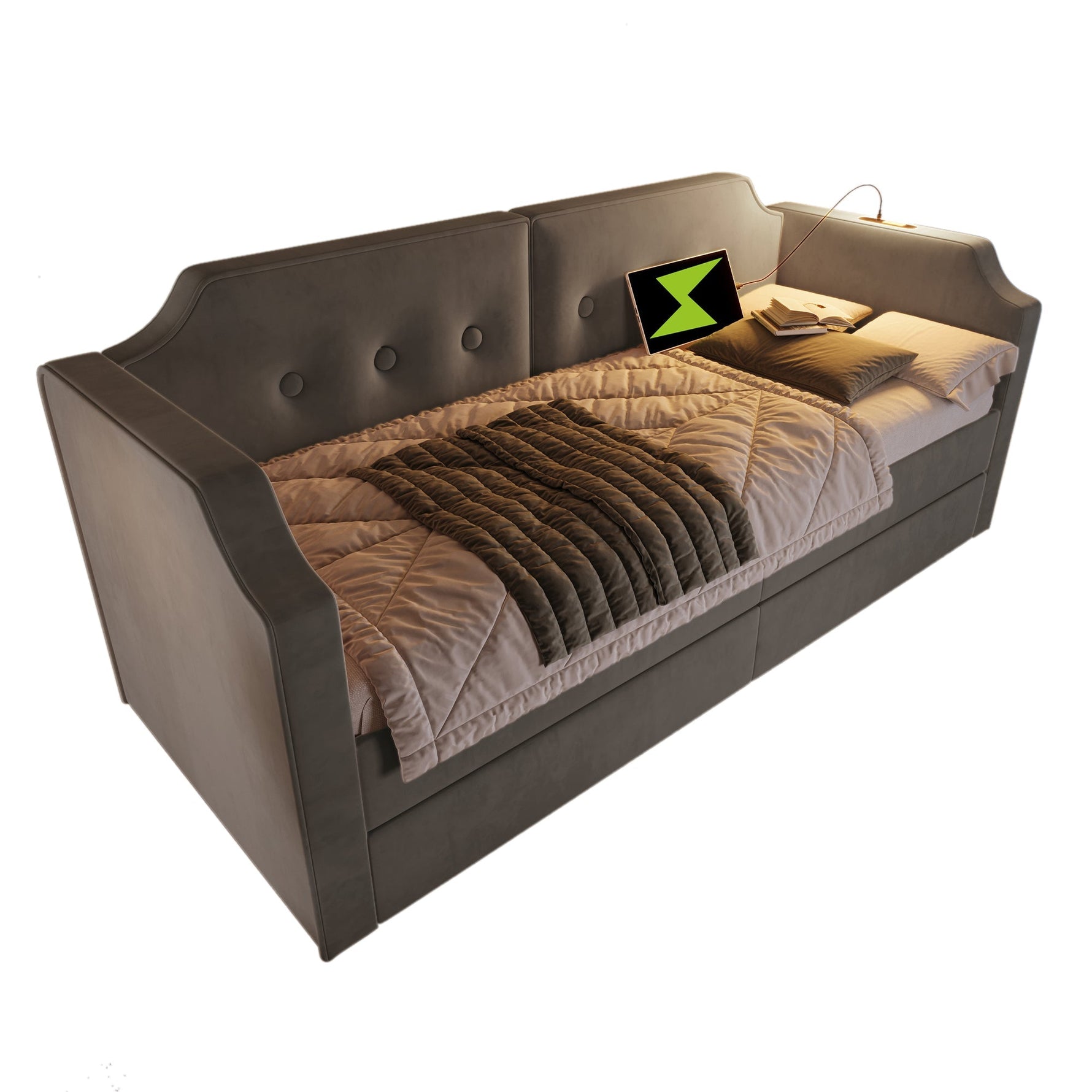 Sofa Bed 90x200 cm, USB-C Reading Light, 2 Storage Drawers, Velvet Gray