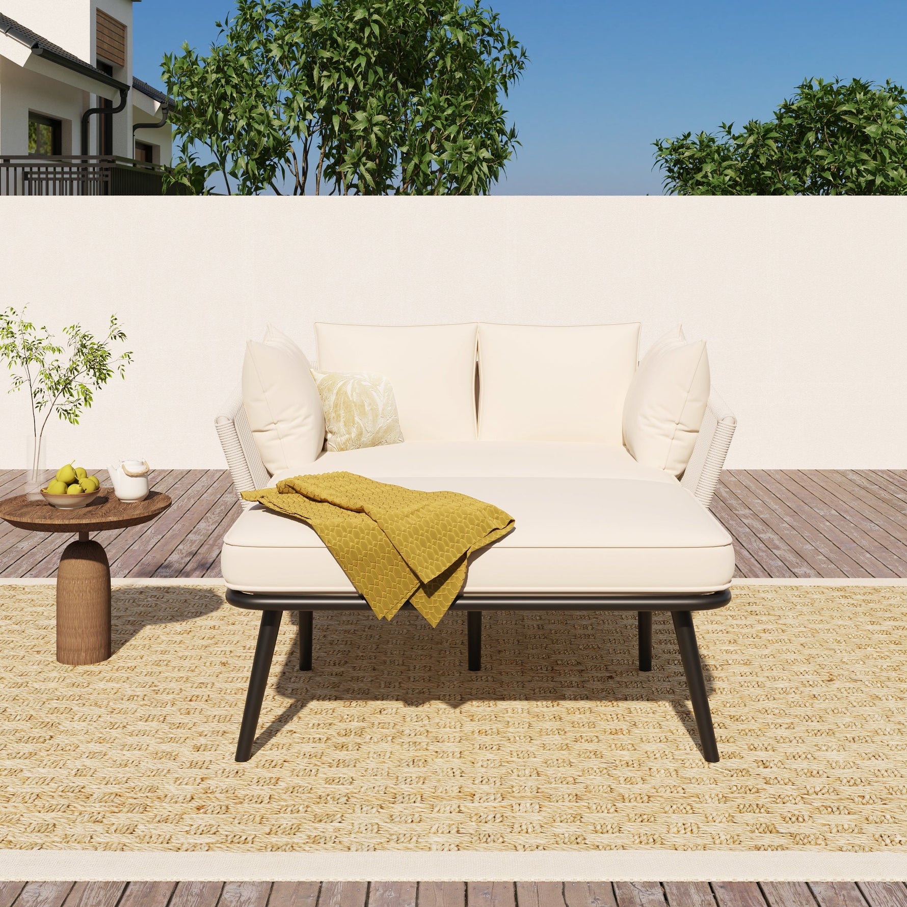 Garden Sofa with Cushions and Pillows, Outdoor Sun Lounger and Furniture Set, Beige