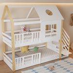 Bunk Bed, Storage Ladder House Bed with Safety Gate, Window & Roof, Pine+MDF White+Natural, 90x200cm