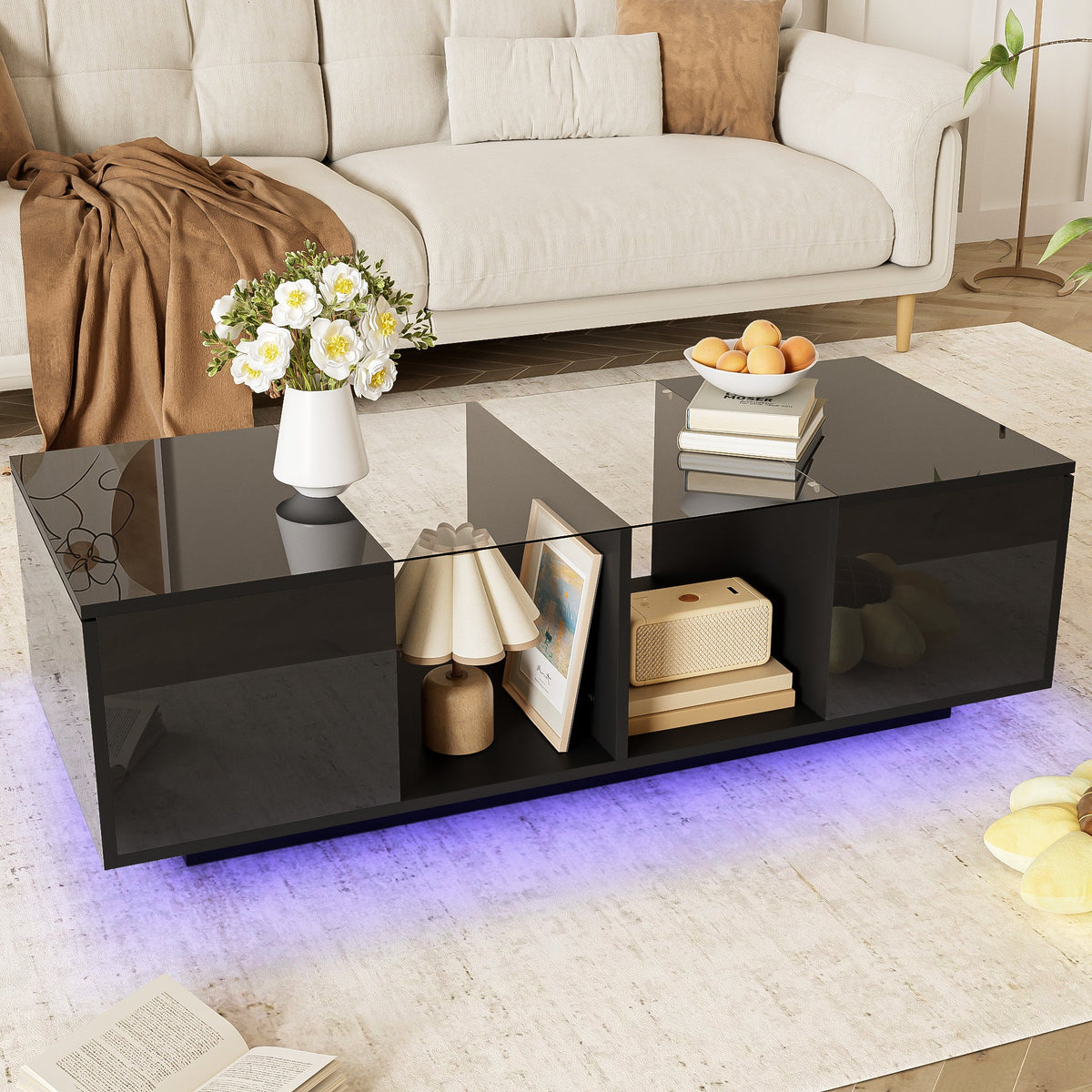 Modern Coffee Table with LED Lighting, High-Gloss, Black