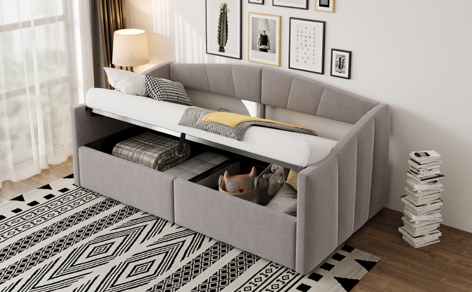 Upholstered Sofa Bed 90x200cm Hydraulic Storage Multifunctional Striped with Armrests Velvet Light Grey