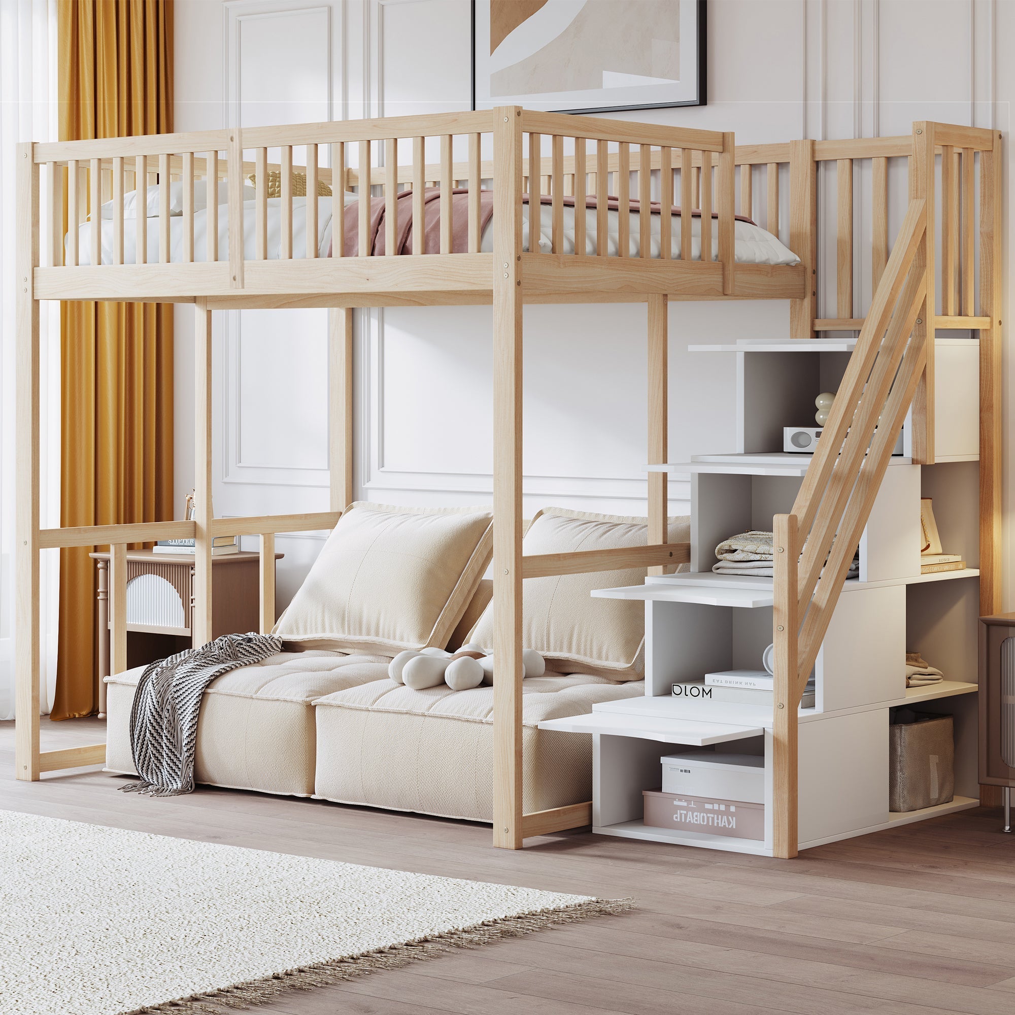 Loft Bed 140x200cm with Safety Ladder Railing & Storage Solid Pine Wood Color