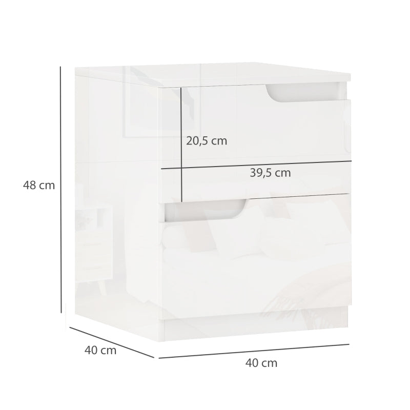 Bedside Table, 2 Drawers, 40 x 40 x 48 cm, High Gloss White