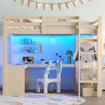 Loft Bed 140x200 with Desk, Shelves, LED & USB Port - Natural