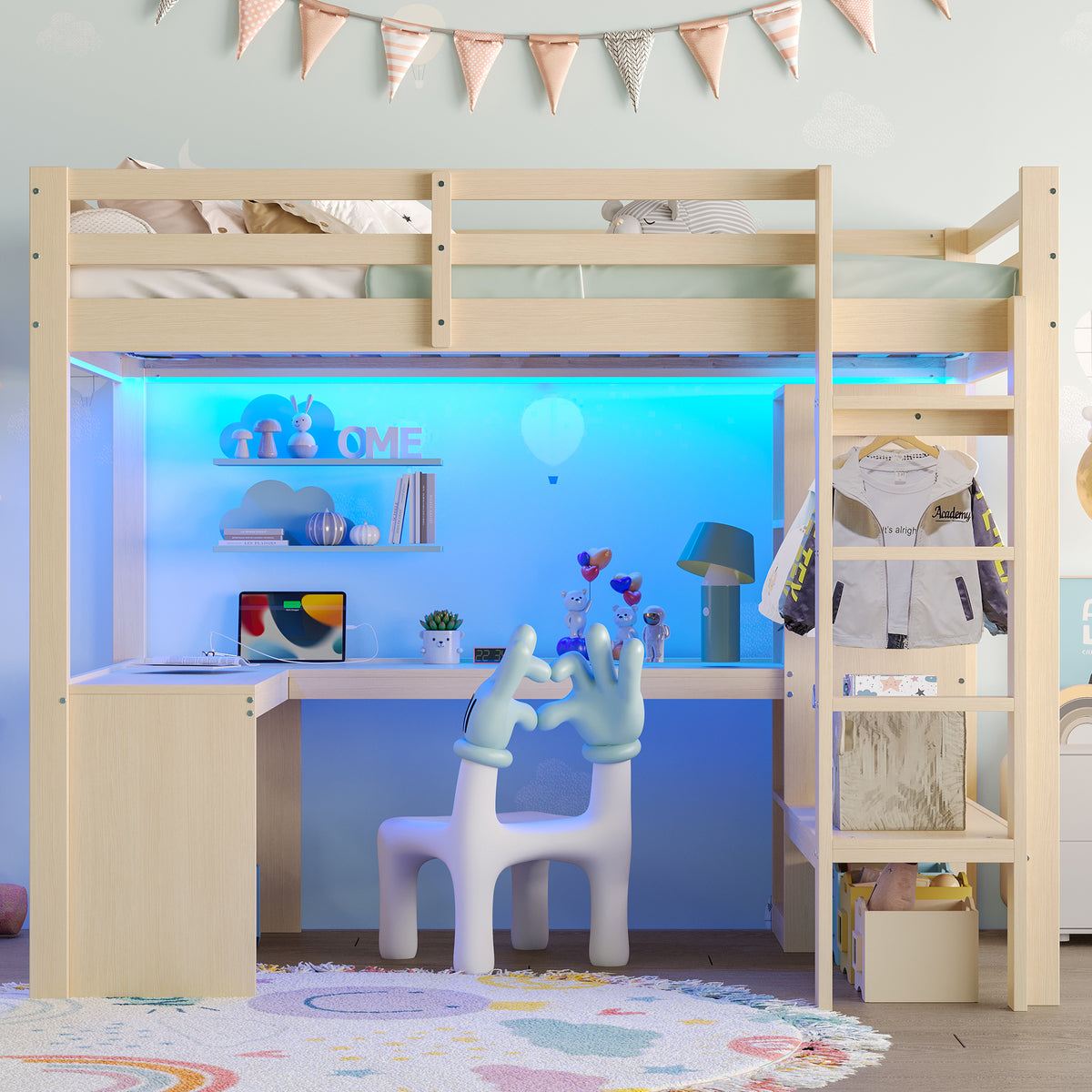 Loft Bed 140x200 with Desk, Shelves, LED & USB Port - Natural