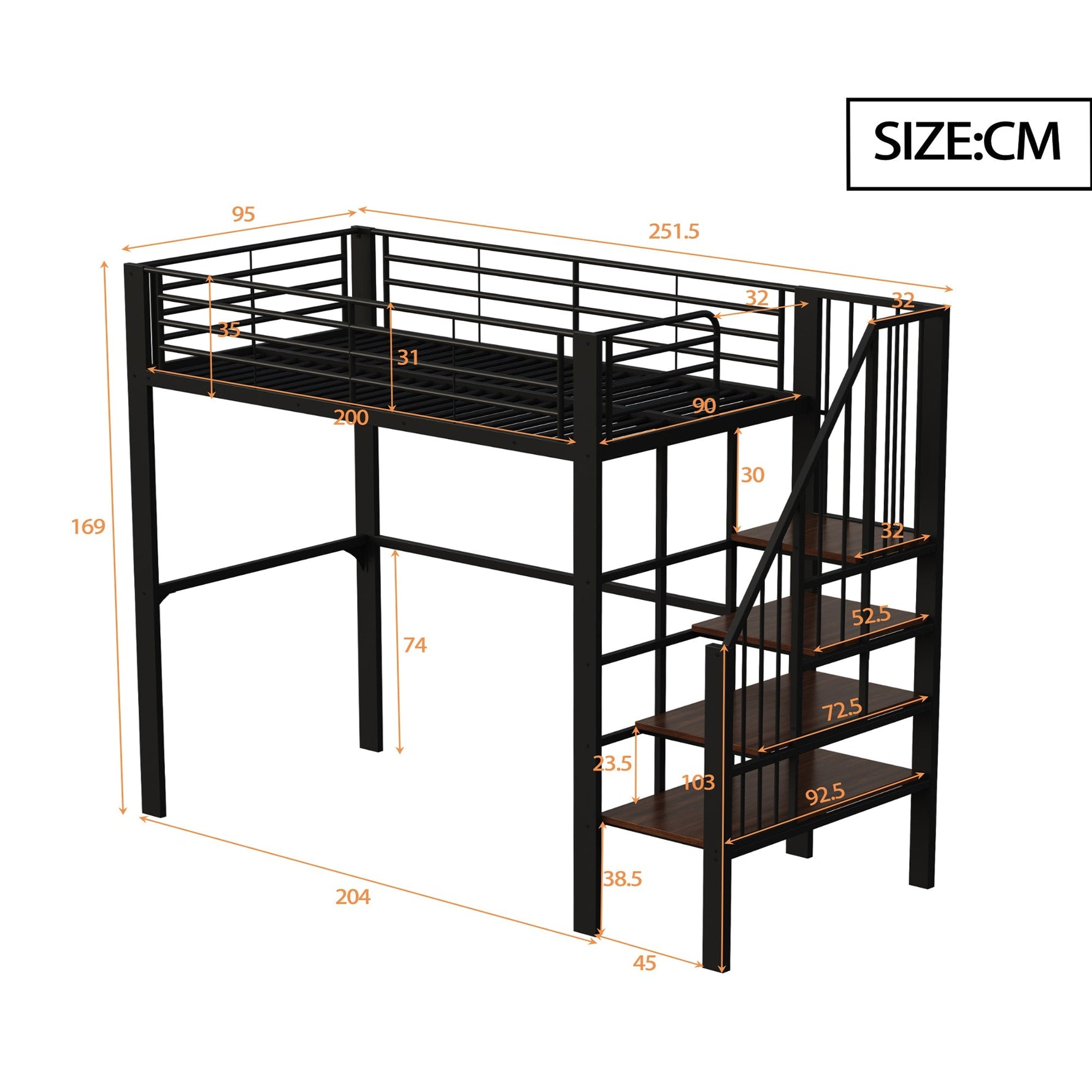 Loft Bed 90x200 Sturdy Construction Storage Stairs Metal
