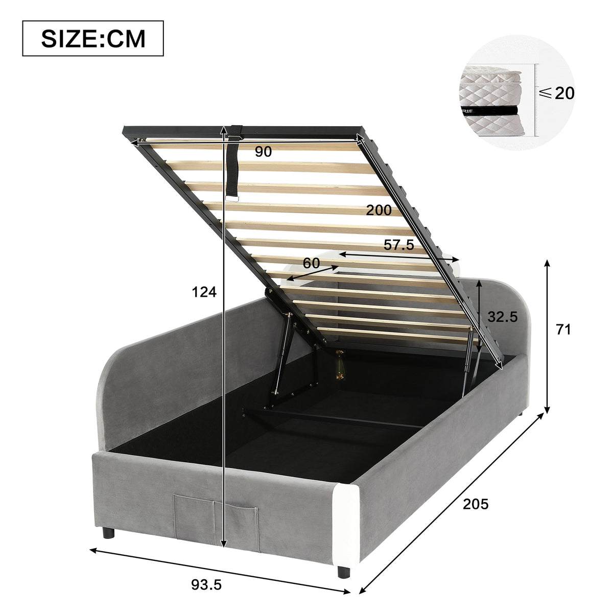 Upholstered Bed, Hydraulic with Storage, Velvet+Plywood Grey 90x200cm