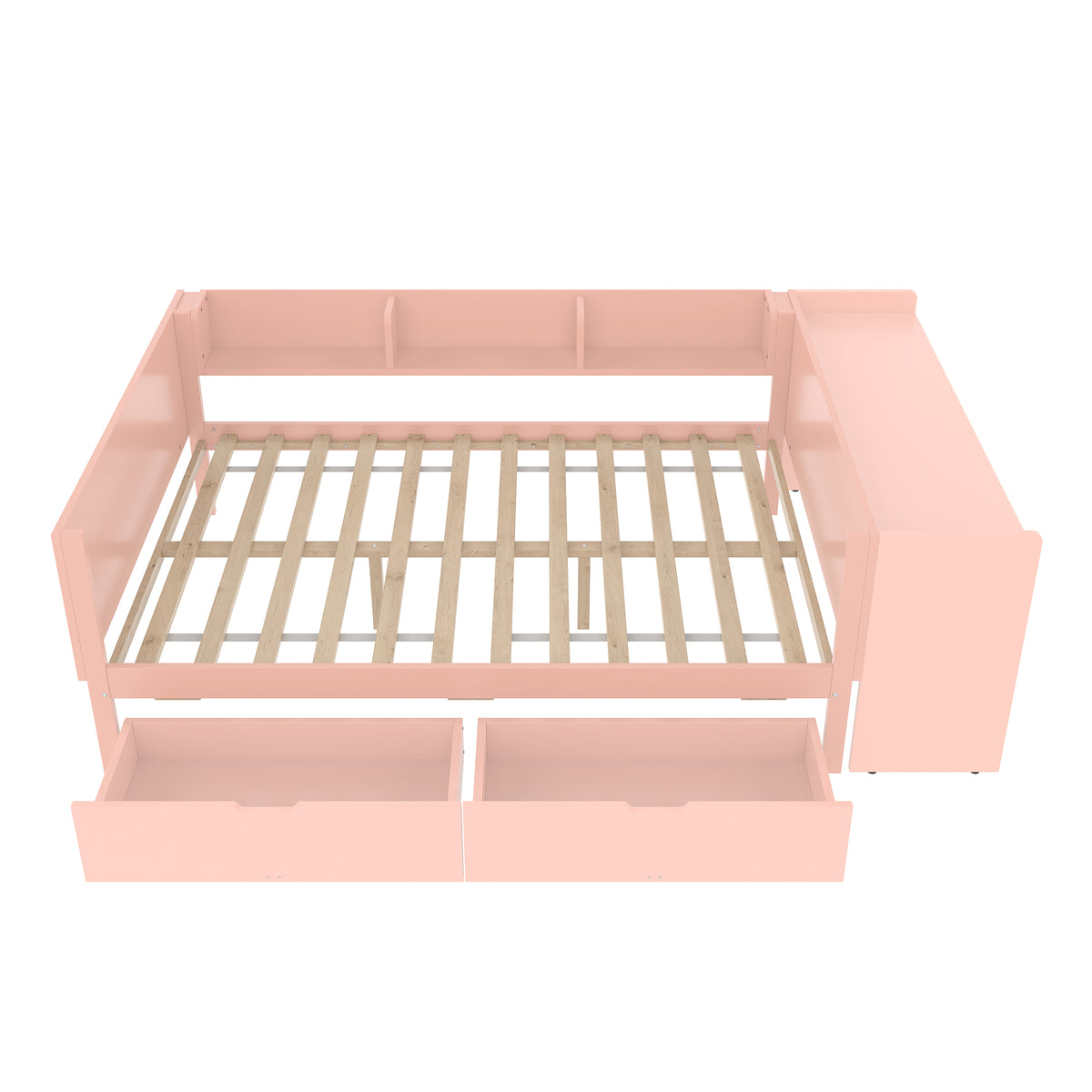 Wooden Double Bed 140x200cm with Desk & Drawers, Pink Pine