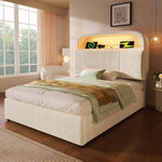 Upholstered Single Bed 90x200cm Hydraulic Storage LED USB/Type-C Adjustable Headboard - Velvet Beige (With Mattress)