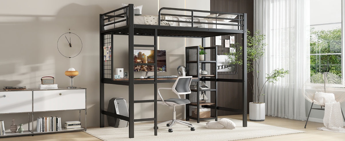 Loft Bed with Desk & Shelves 90x200cm - Black & Dark Wood