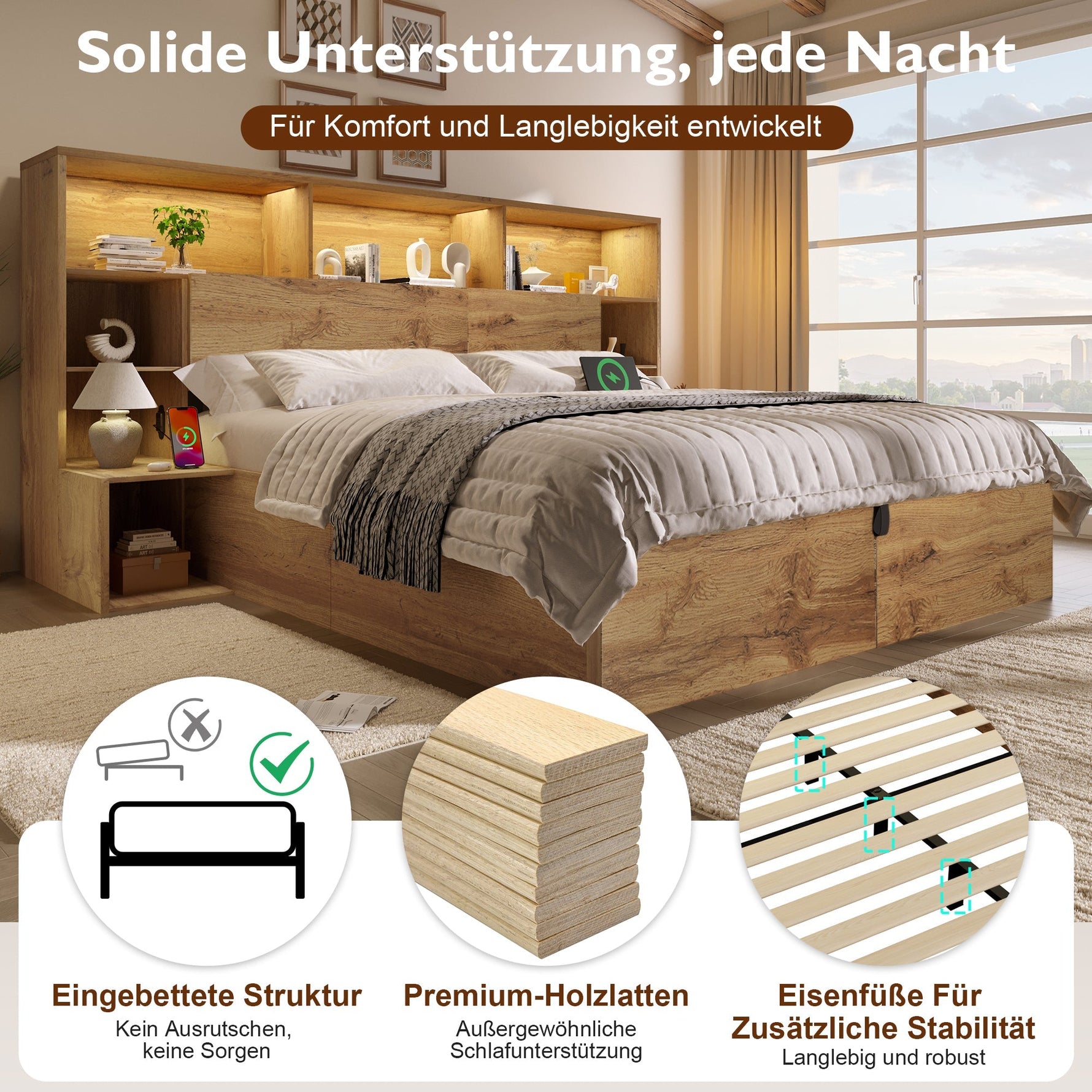 System Bed 180x200cm with Hydraulic Storage, Integrated Bedside Tables, Headboard Shelf, LED and USB-C, Oak Wood Look