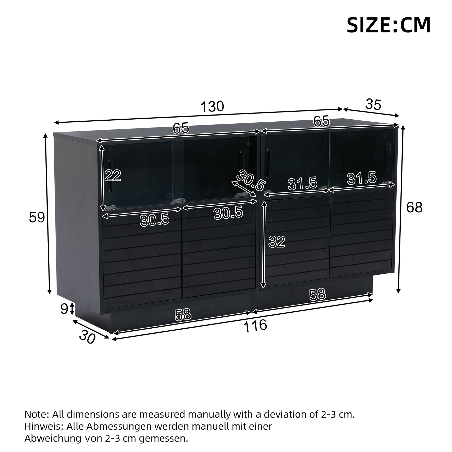 Sideboard, 130cm Glass Door Cabinet with LED Light, Modern Highboard