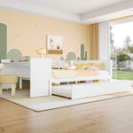 Wooden Flatbed Double Bed with Desk, Trundle and Shelves, White Pine and Chipboard