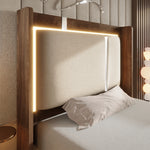 Youth Upholstered Bed 90x200 LED Bed Box - Linen Beige & Walnut