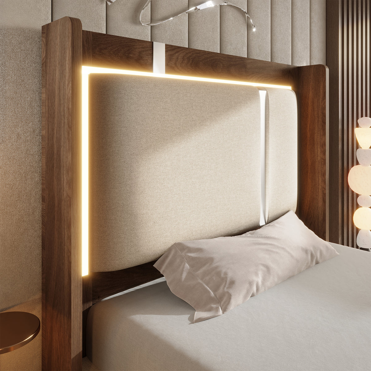 Youth Upholstered Bed 90x200 LED Bed Box - Linen Beige & Walnut