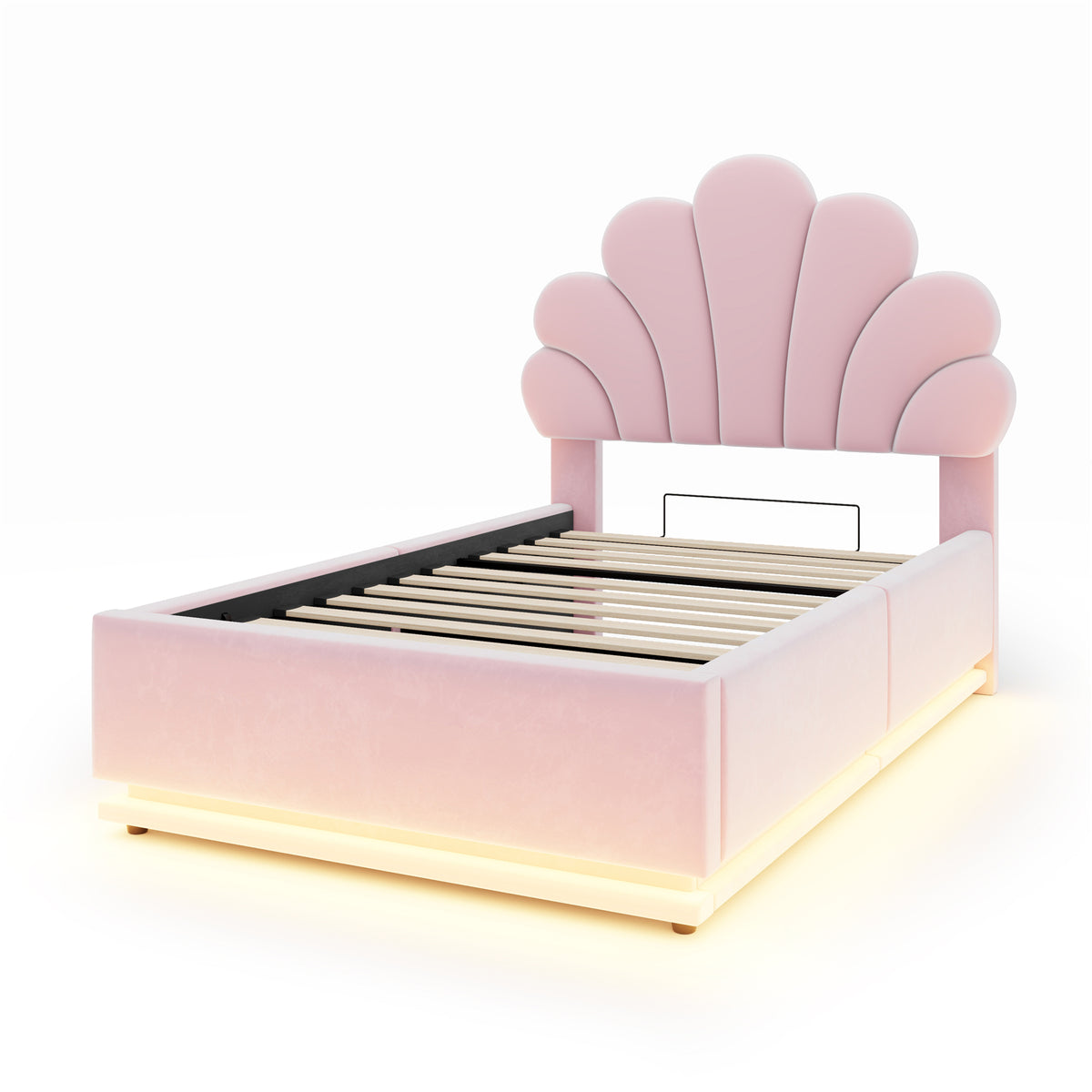 Upholstered Bed 90x200cm, Flower Headboard & Storage, Pink Velvet