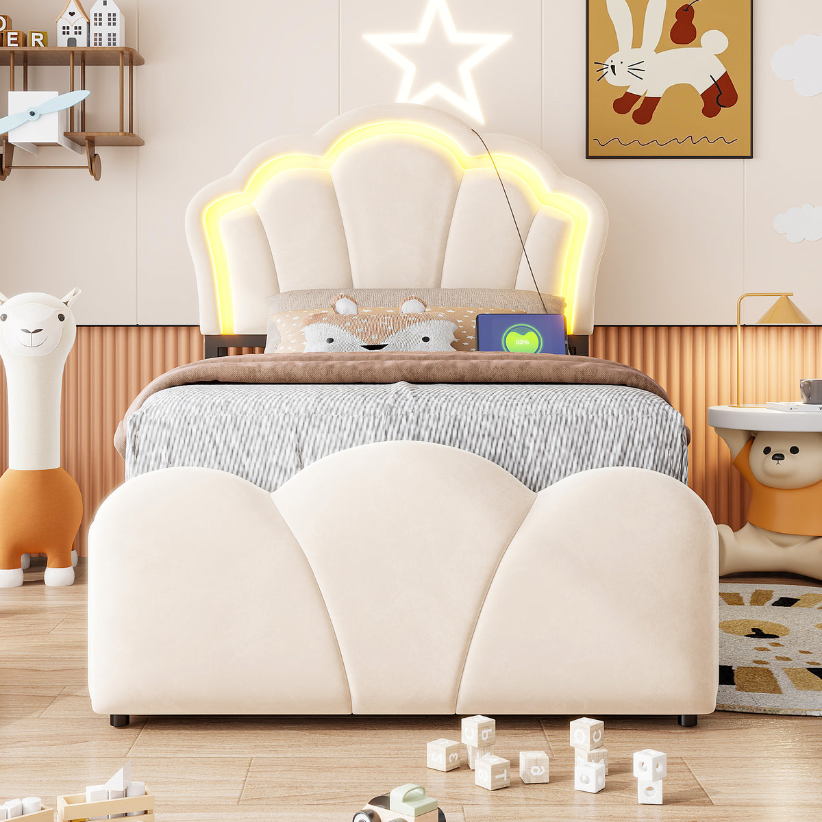Upholstered Bed 90x200cm with Hydraulic Storage & LED, Beige Velvet