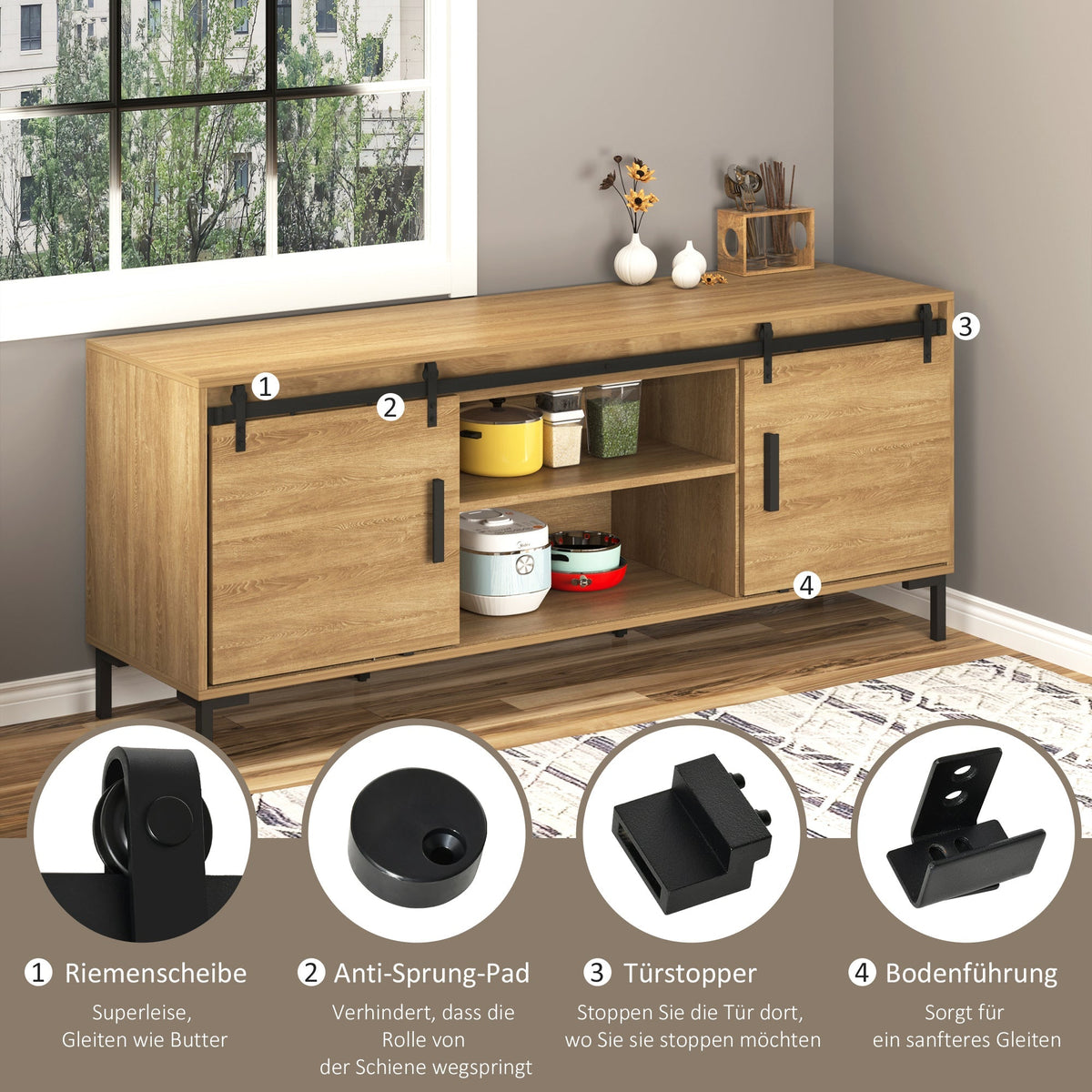 Sliding Door System, Double Wooden Doors, Carbon Steel, Black