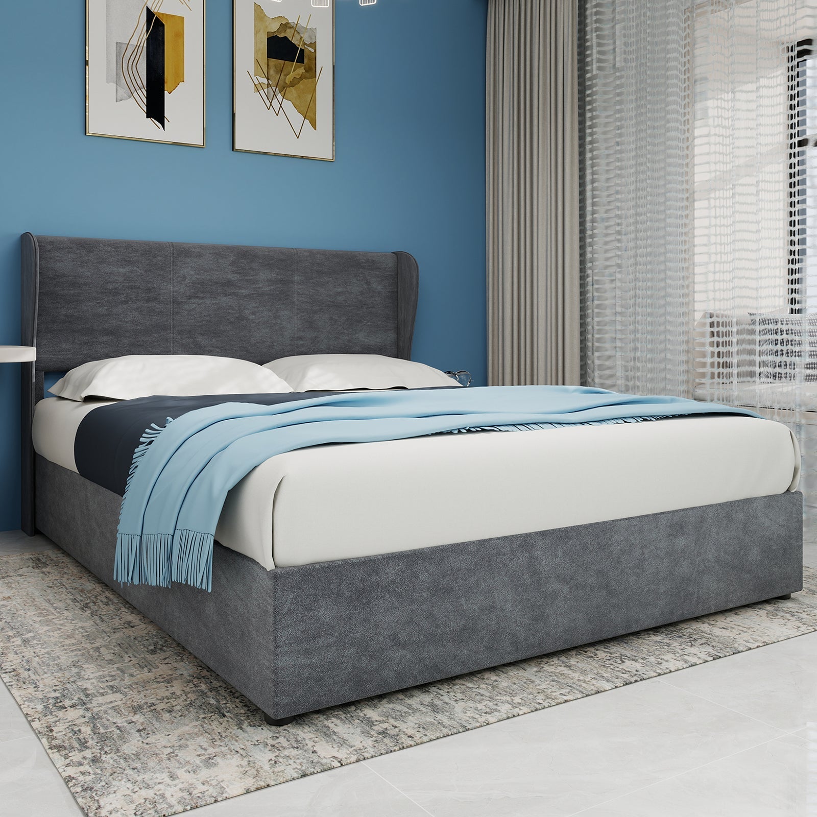 Modern Minimalist Upholstered Bed, 160x200 cm, High-Profile Storage with Gas Lift, Grey