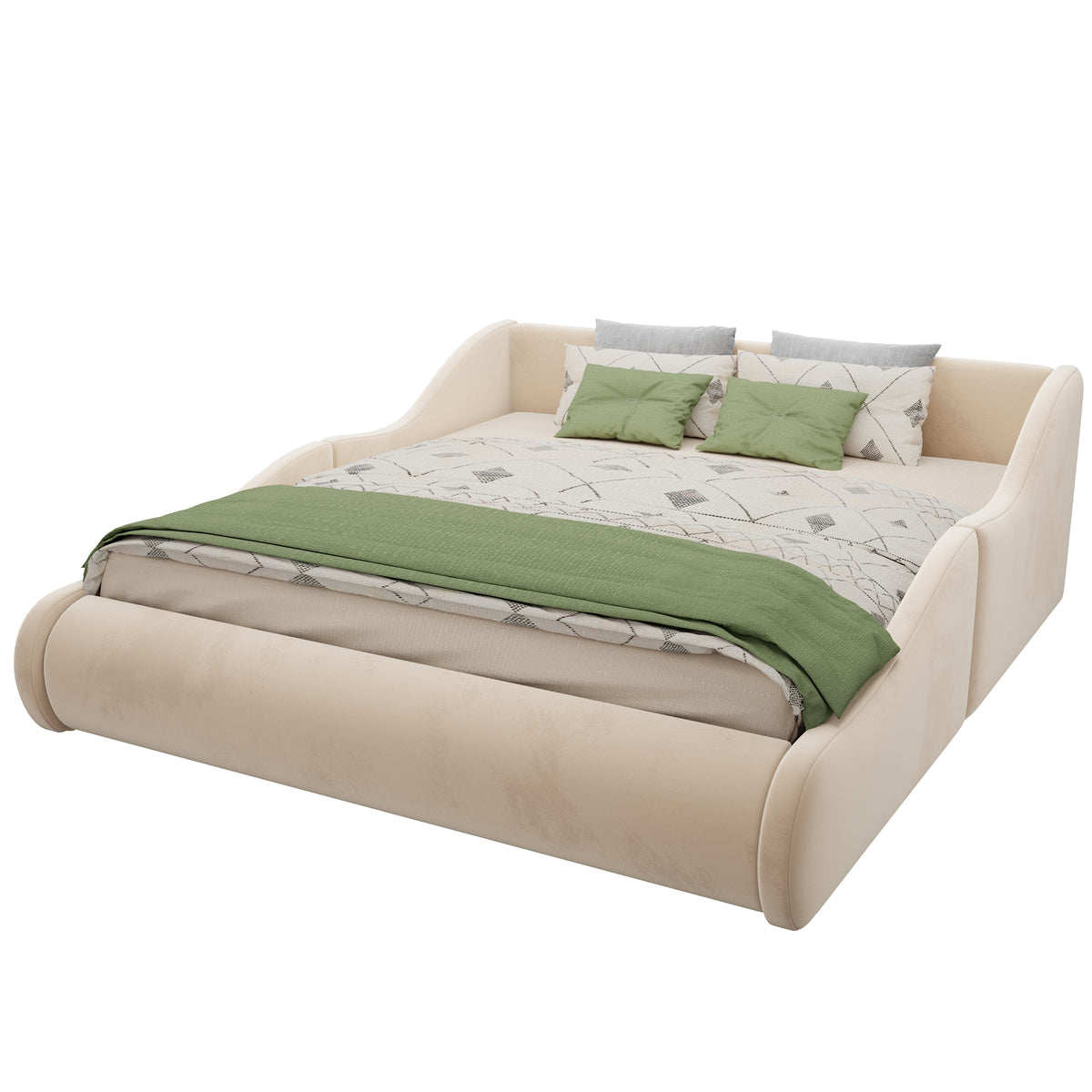 Upholstered Kids Bed 140x200 with Mattress & Rails in Beige Velvet
