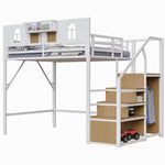 Metal Loft Bed 140x200cm with Storage Ladder & Desk, White Metal Frame