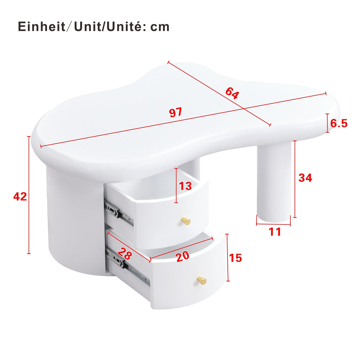 Coffee Table, Irregular Shape 2-Drawer Space-Saving Stylish Stable, White