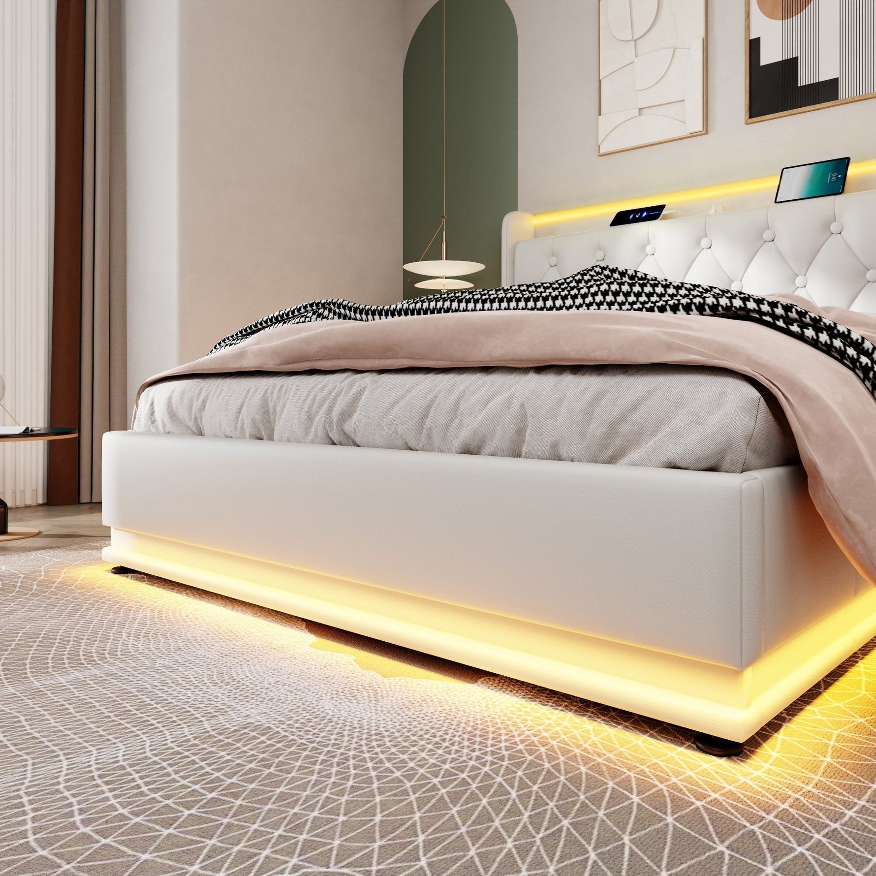 Upholstered Double Bed, 360° LED, Hydraulic Storage & USB-C Charging, White PU