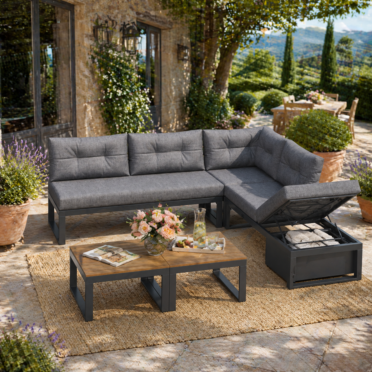 Modern Outdoor Set with Cushions, Iron Frame & Woven Armrests