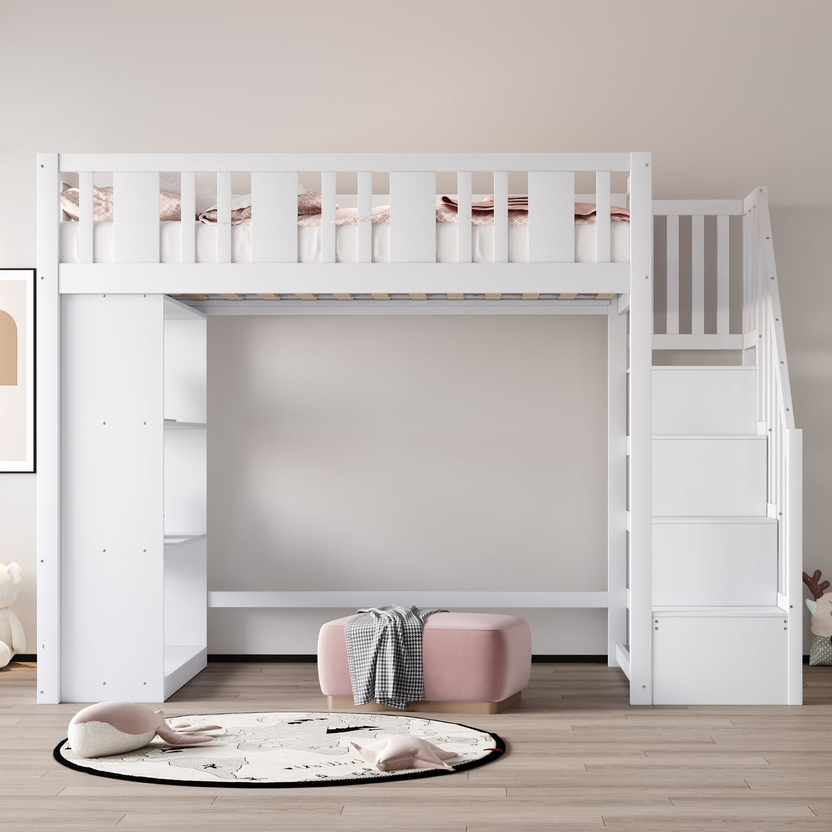 Loft Bed, 90x200cm with Storage Stairs, Functional Wooden Bed, White