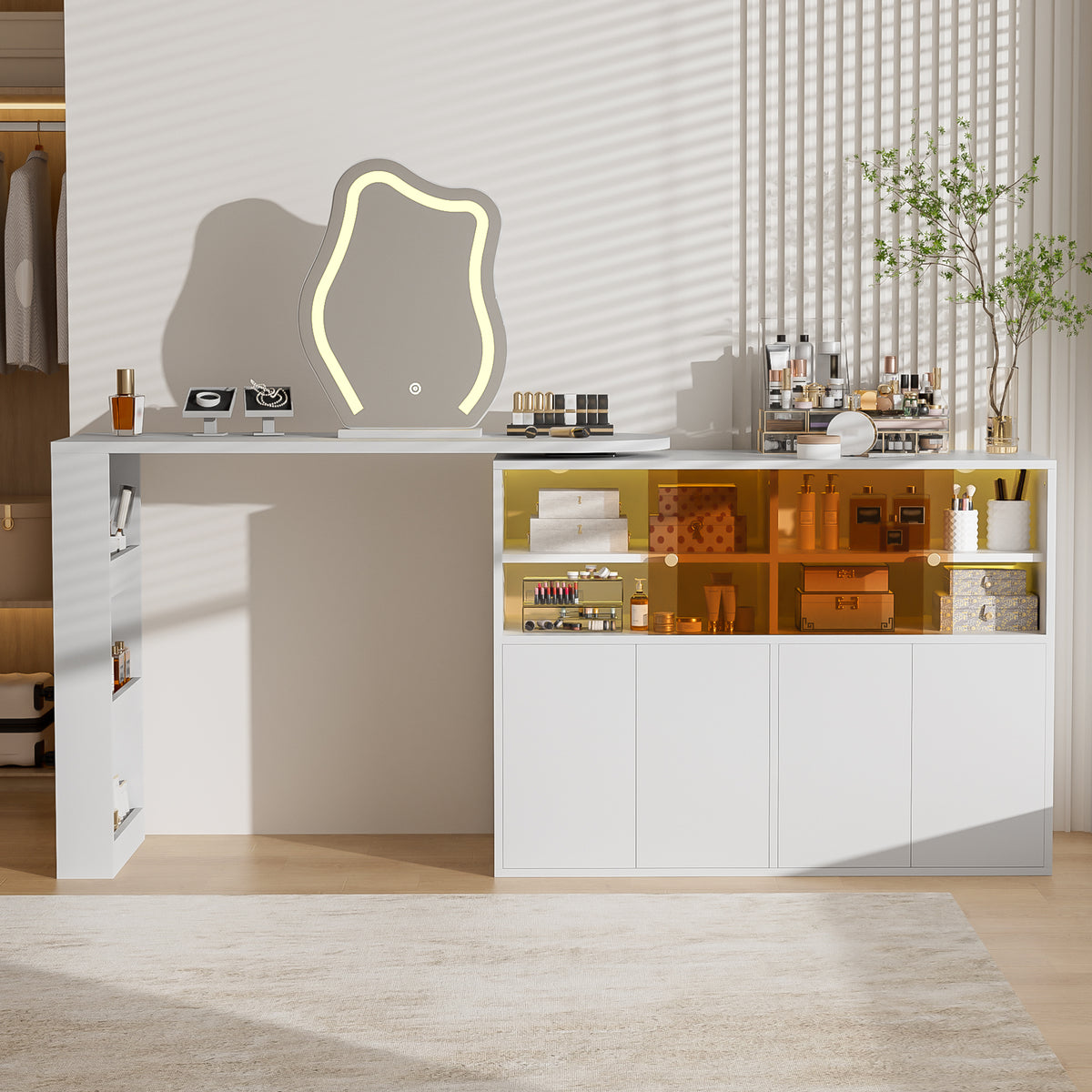 Rotating Vanity Table with LED Lighting & Storage, White