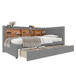 Daybed Sofa Bed 90x200cm 2 Drawers USB/Type C Storage - Linen Grey