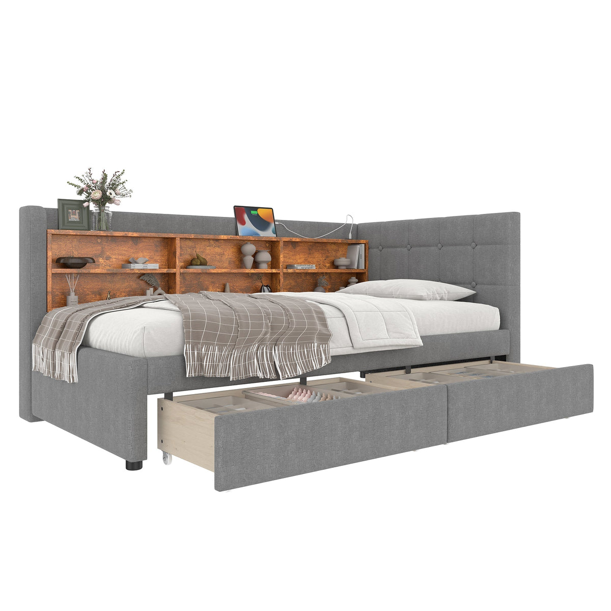 Daybed Sofa Bed 90x200cm 2 Drawers USB/Type C Storage - Linen Grey