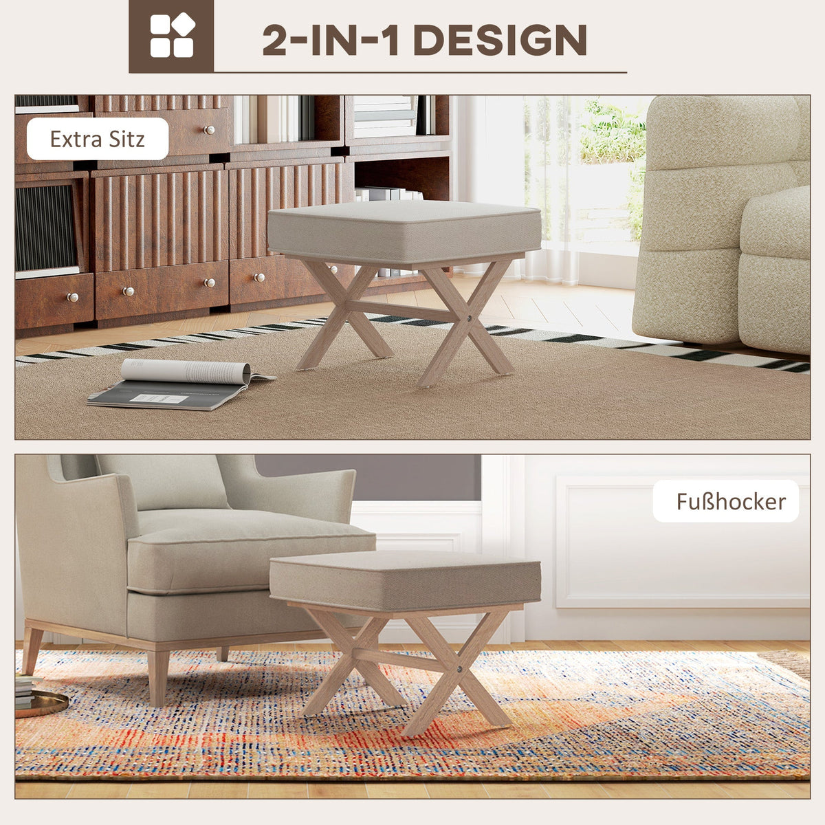 Ottoman Upholstered Bench Footstool with Padded Seat Wooden Footrest, Cream White