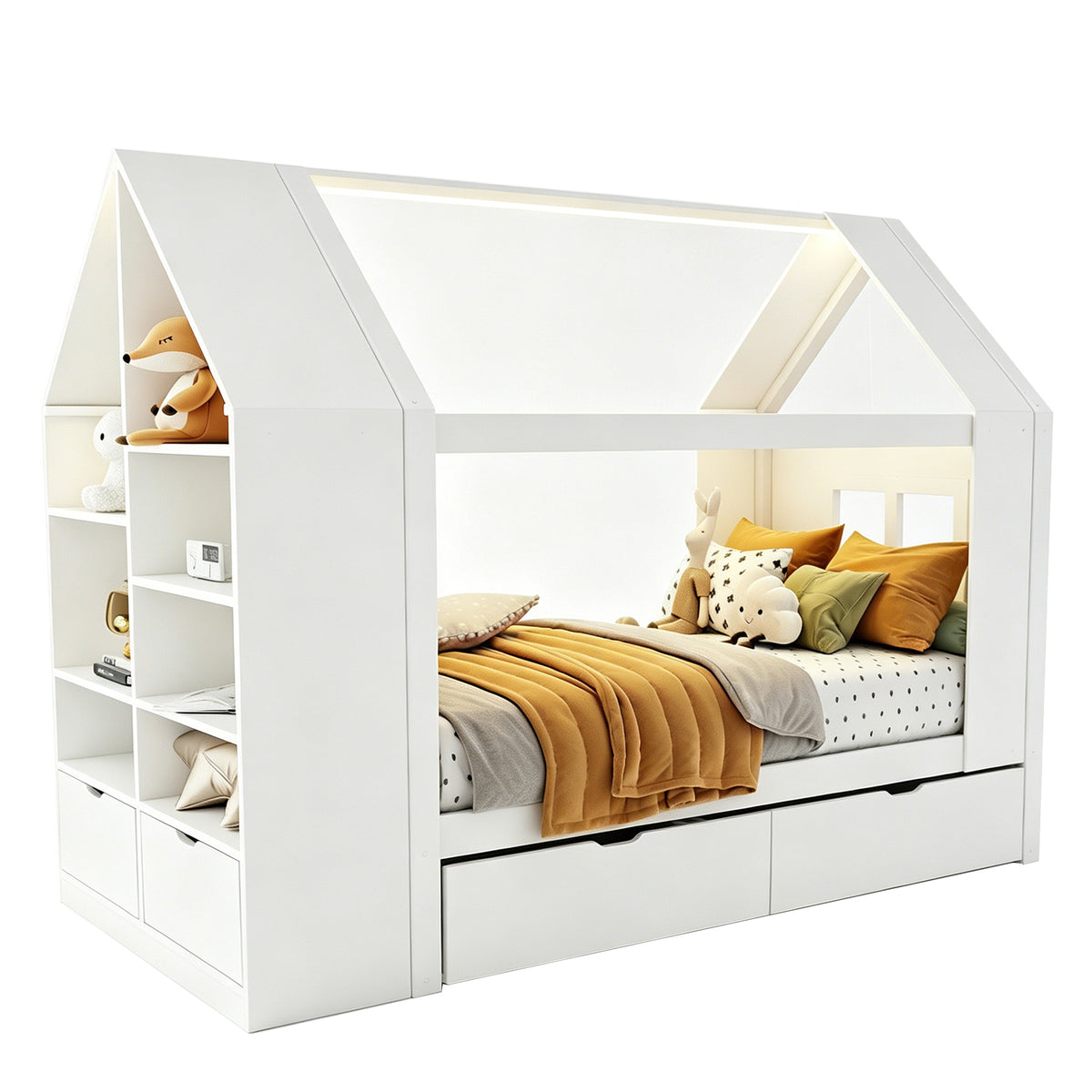 House Bed 90x200cm with 2 Drawers & LED Lighting, White