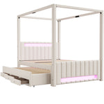 Upholstered Four-Poster Bed 140x200cm, 3 Drawers & LED, Beige