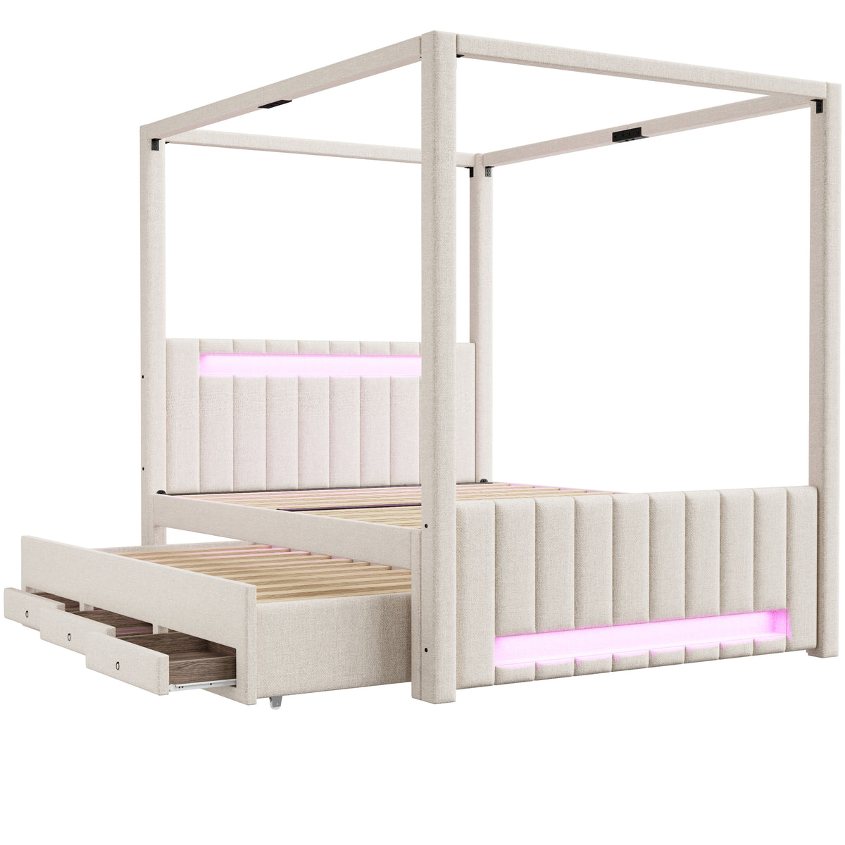 Upholstered Four-Poster Bed 140x200cm, 3 Drawers & LED, Beige