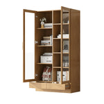 Glass Display Cabinet, Offset Shelves Push-To-Open Drawers, Wood Color