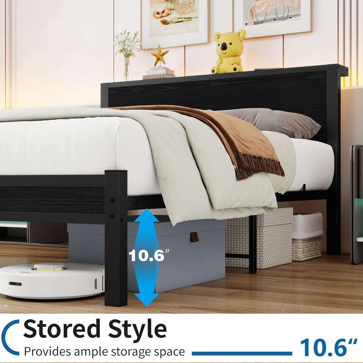 Single Metal Platform Bed Frame with Storage, 120x200cm, Vintage Black